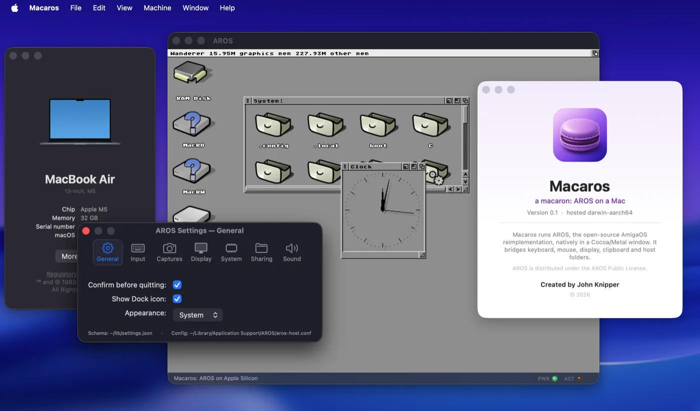 The AROS Wanderer desktop running in a Macaros window on macOS