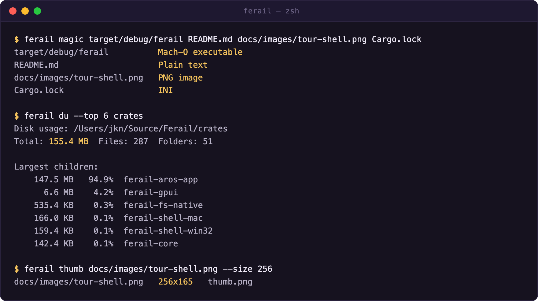 Ferail's command-line side: magic, du and thumb subcommands running in a terminal
