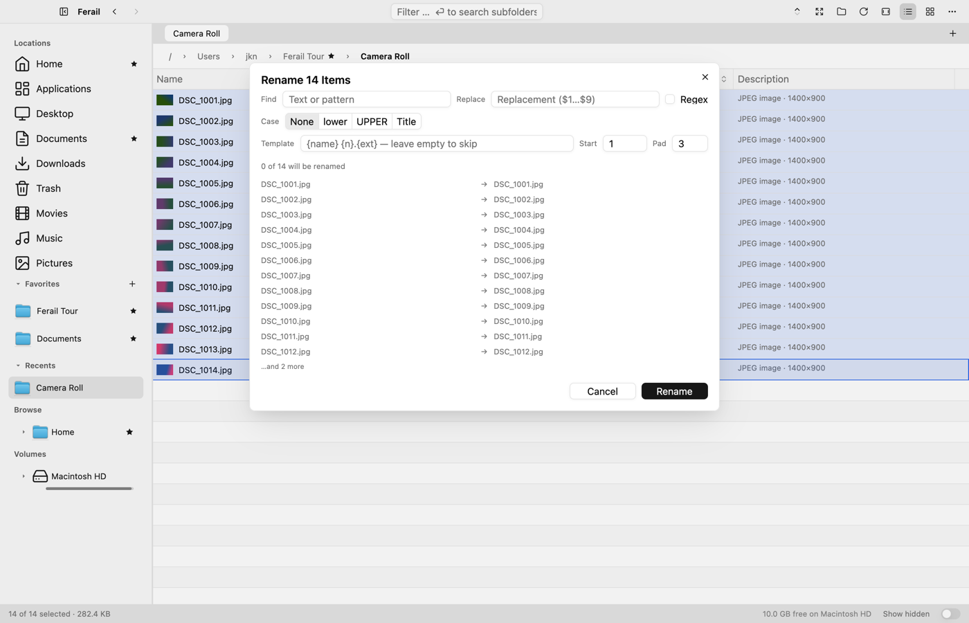Bulk rename dialog with a live preview of the resulting names