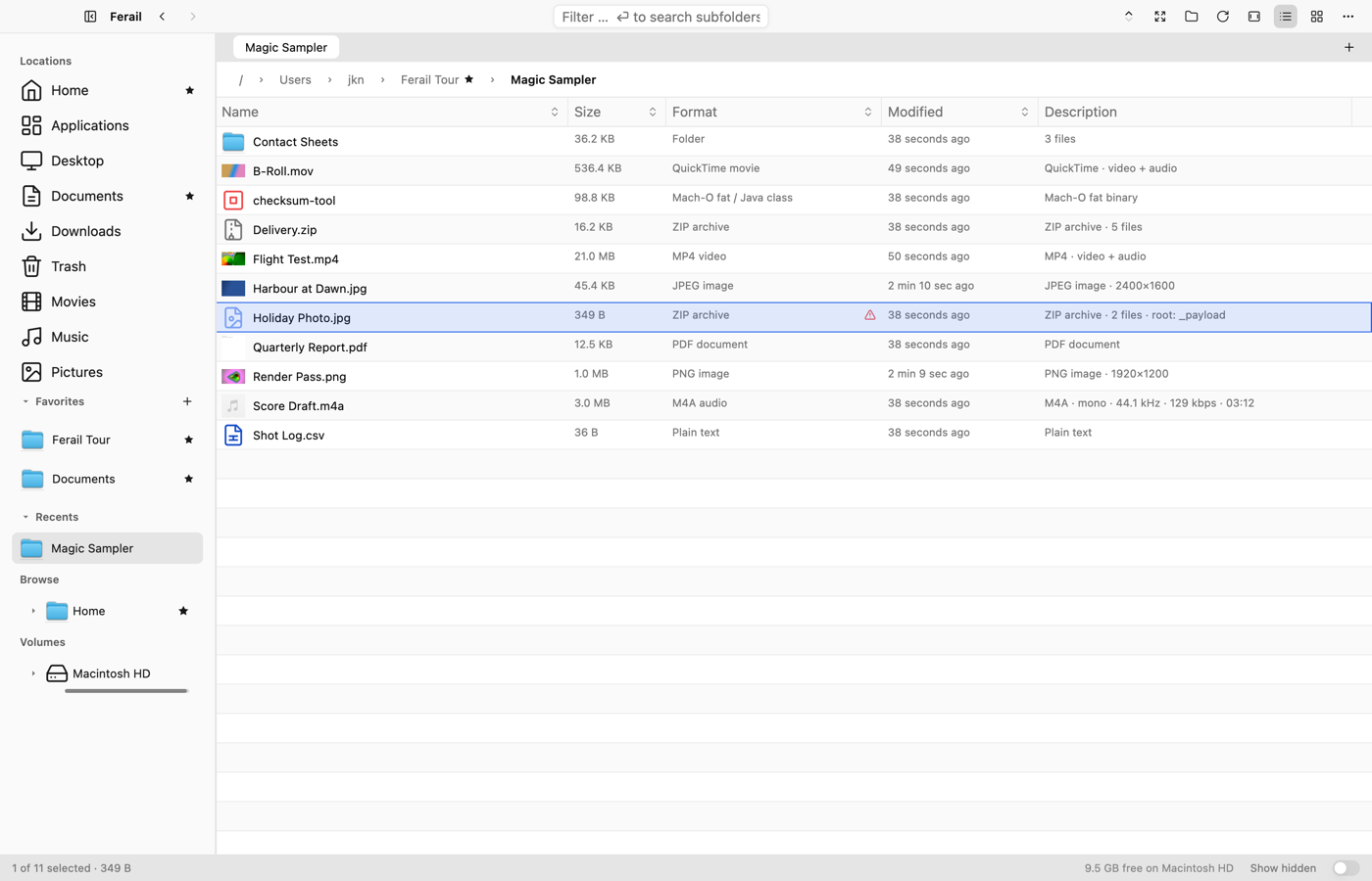File list showing content-derived descriptions in a column