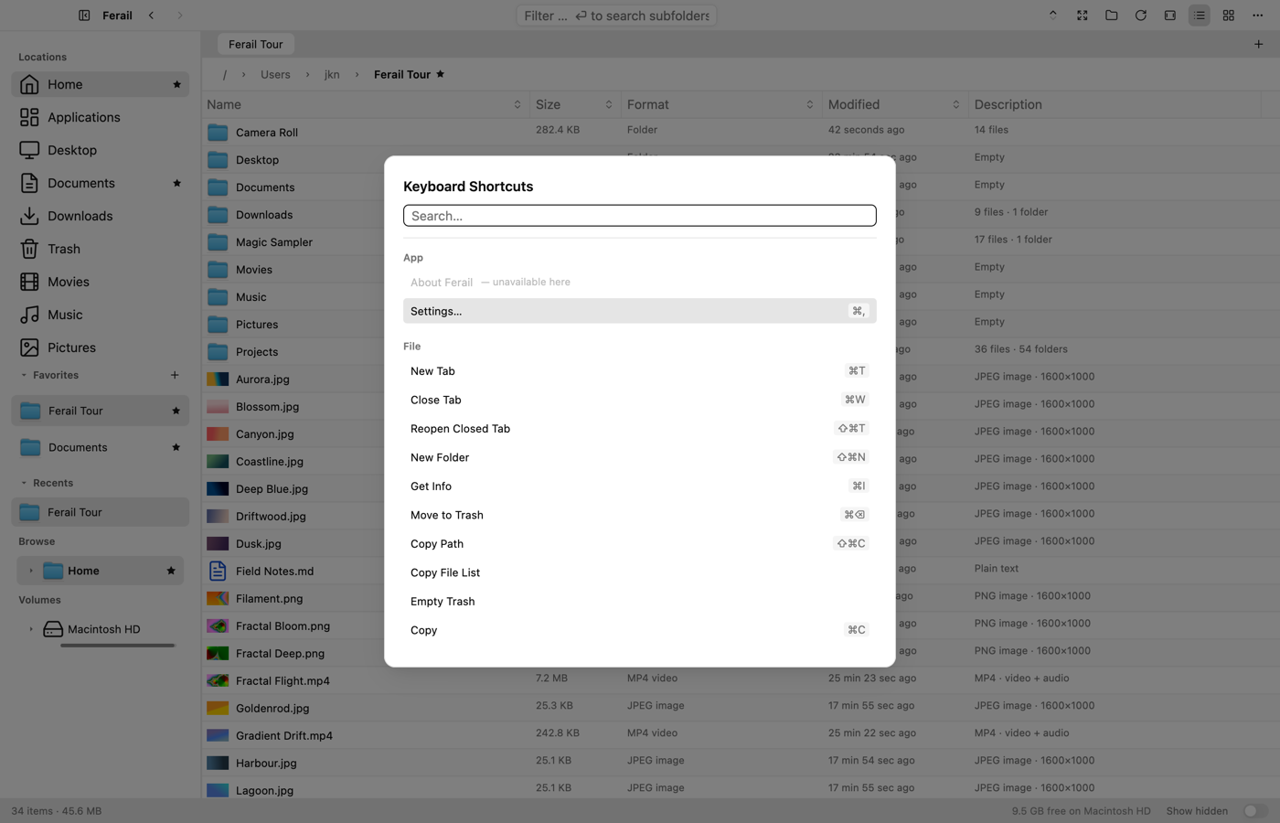 Command palette open over the file list