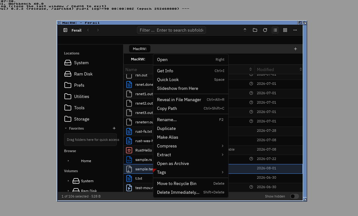 The Ferail file manager running on AROS, with its context menu open