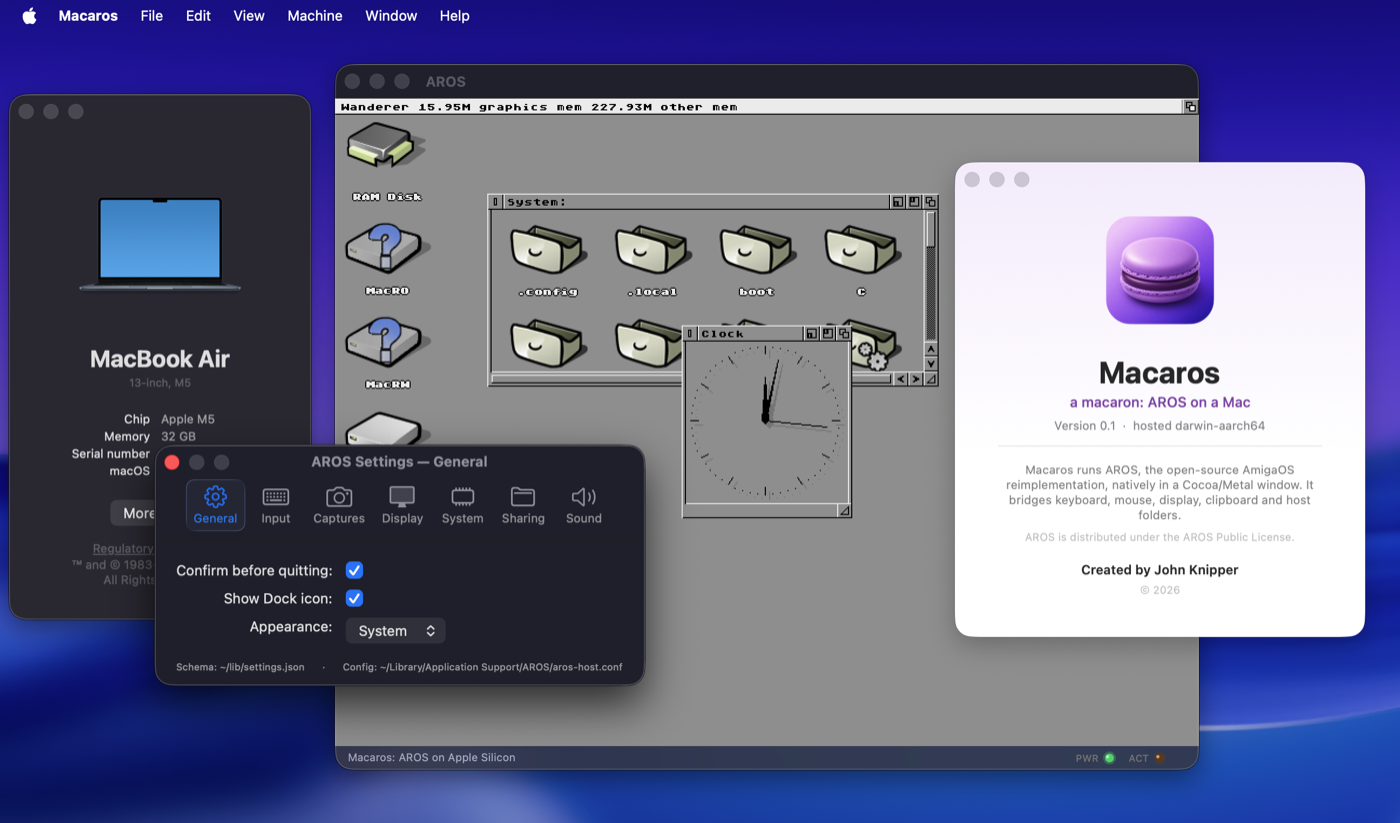 The AROS Wanderer desktop running in a Cocoa window on macOS, beside the Macaros About panel and the AROS Settings window