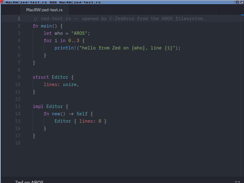 The Zed editor running on AROS, showing a Rust file with syntax highlighting
