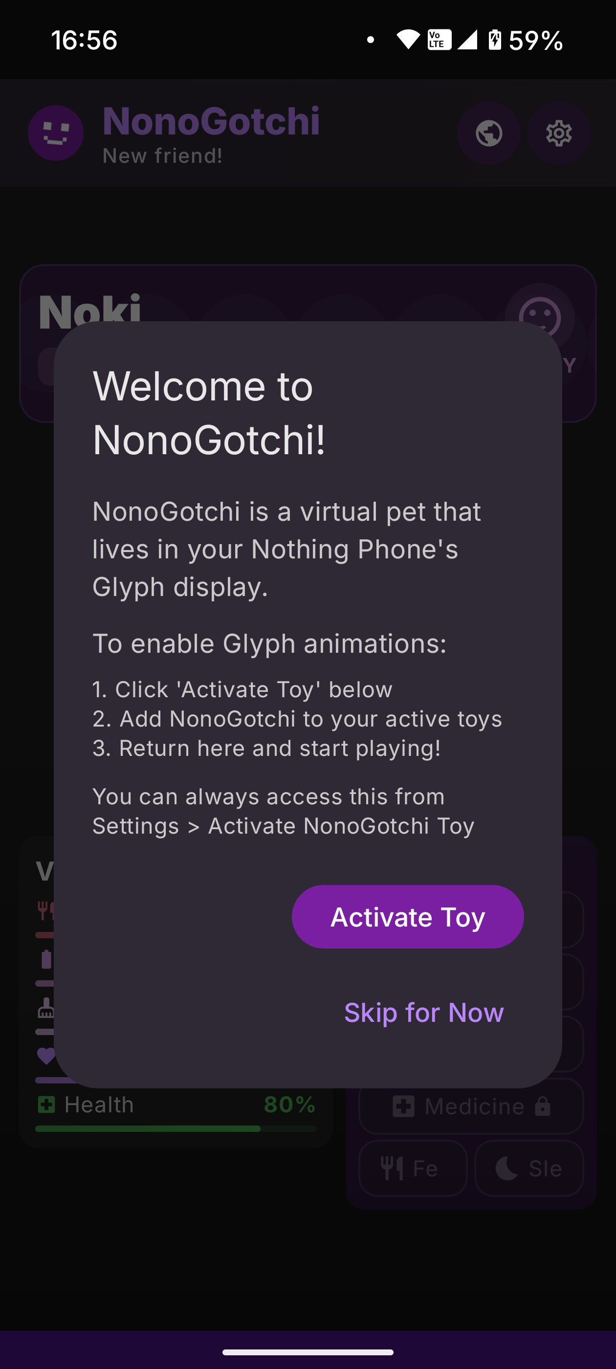NonoGotchi welcome screen